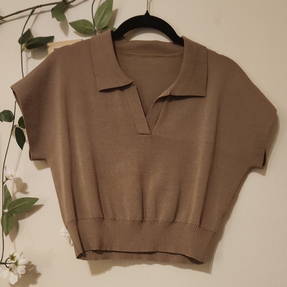 Dazy - Brown Short Sleeve Collared Sweater Top - XL